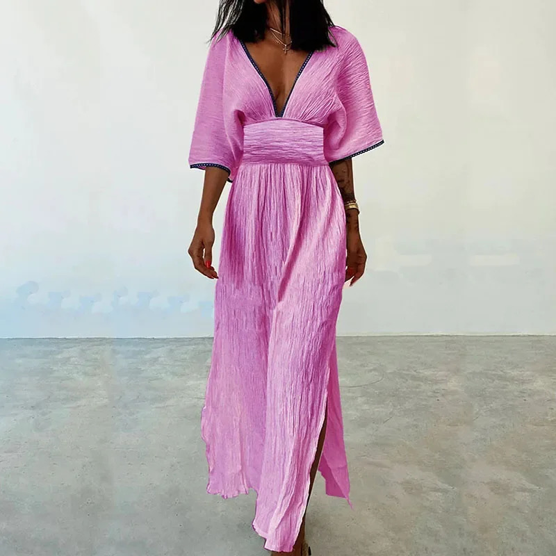 Women Vintage Solid Cotton Linen Dress Spring Deep Vneck Tunic Split Long Summer Batwing Sleeve Boho Maxi Dresses Vestido 240712