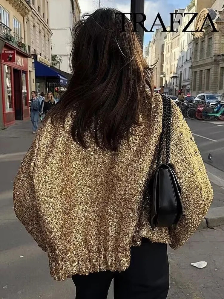 TRAFZA Women Trend Gold Sequin Decoration Loose Short Jacket Woman Fashion Coat Versatile Warm Chic And Elegant Female Coats