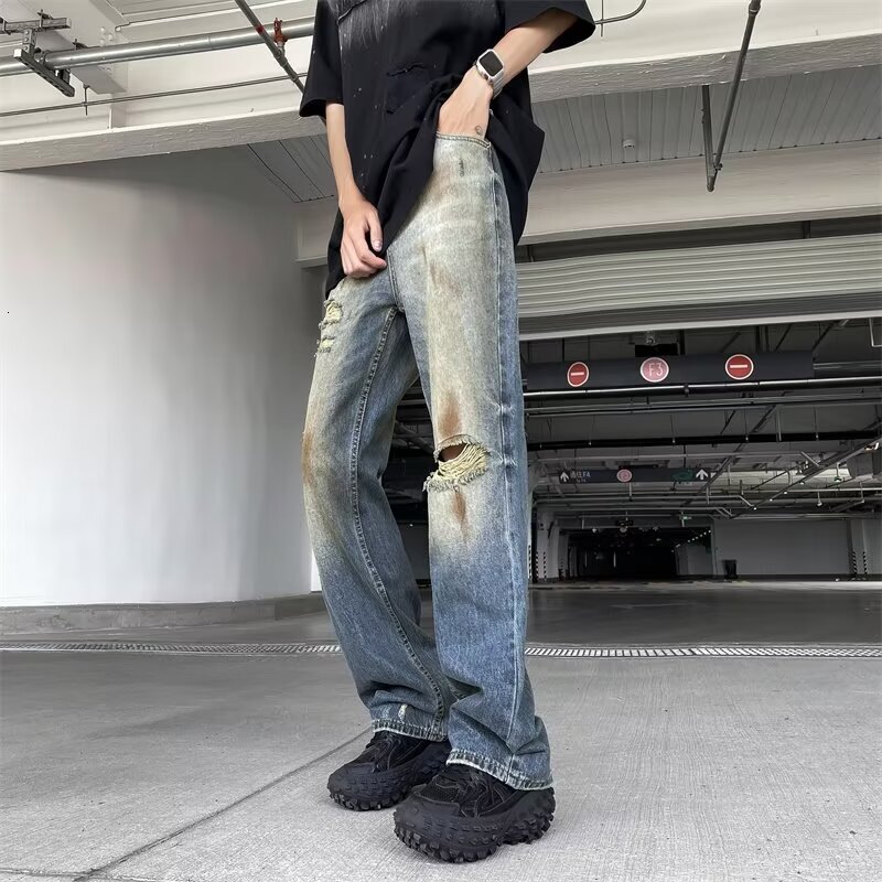 Jeans soft and loose straight wide leg American trendy brand workwear casual pants men's style