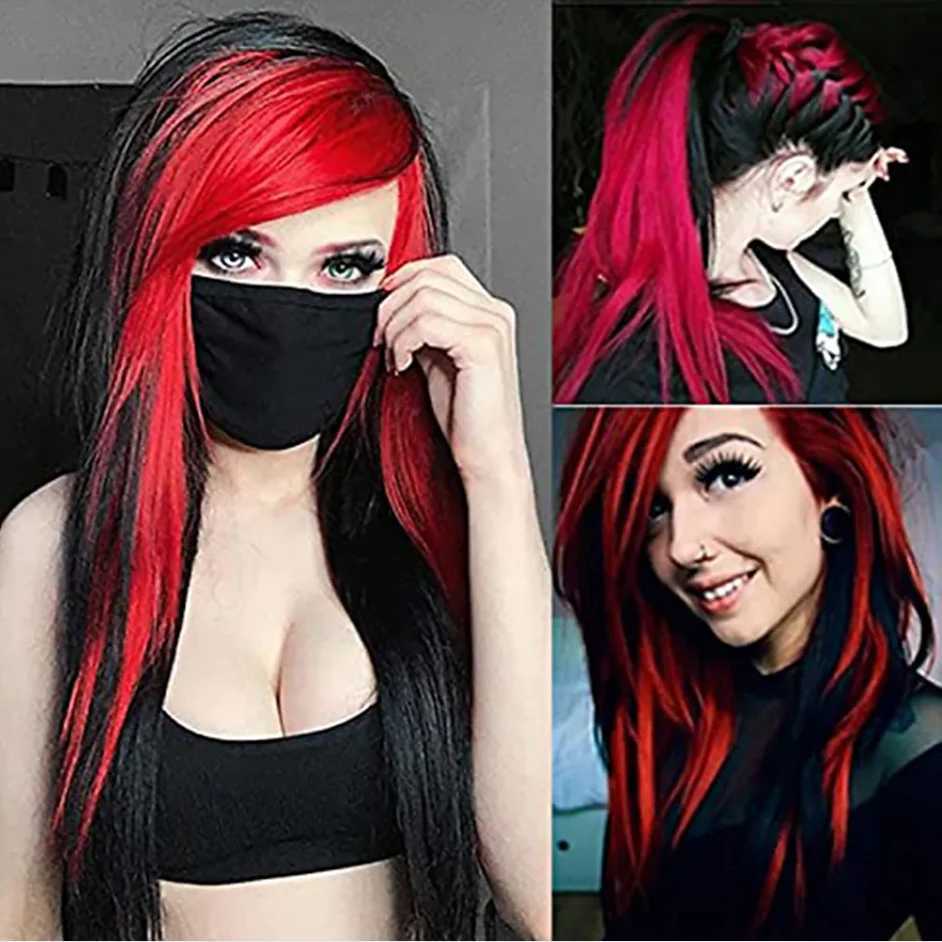 HAIRJOY Synthetic Hair Long Red Black Straight Heat Resistant Side Bangs Halloween Costume Women WigXJ241008