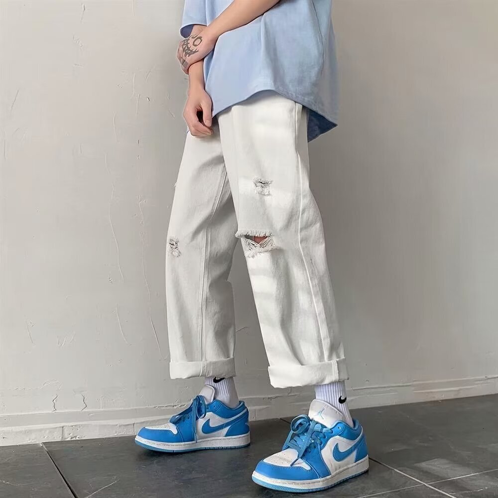 Nine point ripped jeans men's summer thin fashion brand straight tube loose casual high street trendy ins wide leg pants