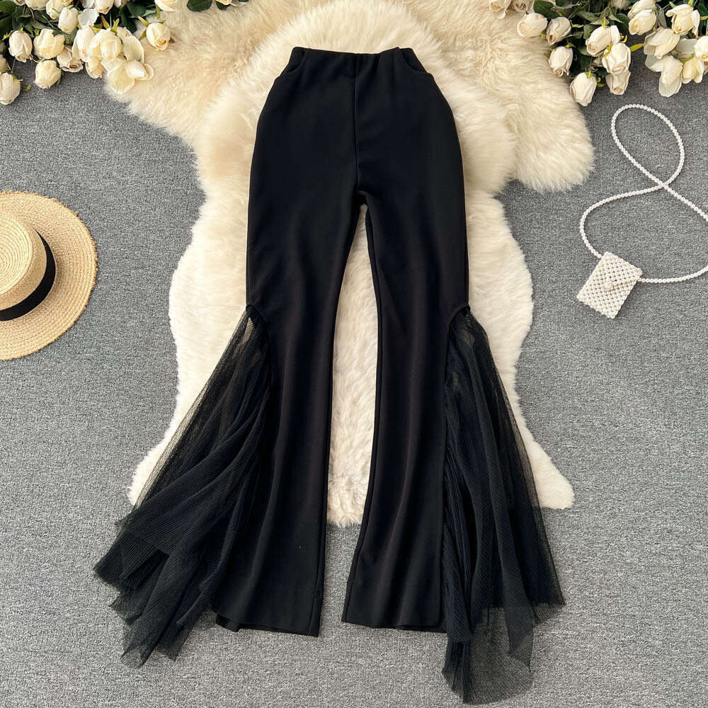Trendy Brand Summer Women's Design Sense, Niche Mesh Patchwork Flared Fashionable Performance Clothing, Dance Pants, Trendy Overalls Jeans for Pr