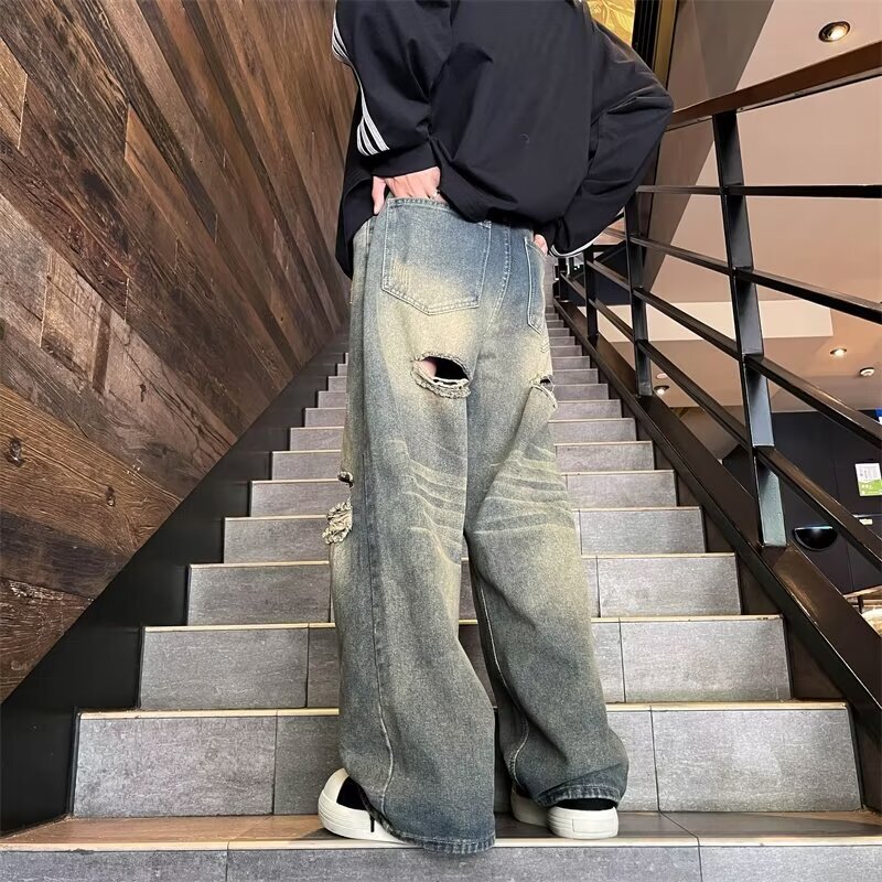 Hip hop ripped jeans men 2024 new summer American washed loose trendy brand casual pants