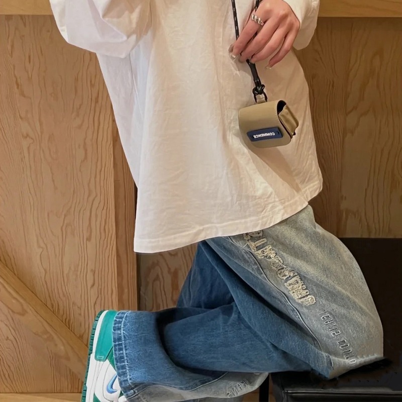 Color blocked jeans summer loose letter sticker washed straight leg American Vibe pants high street thin