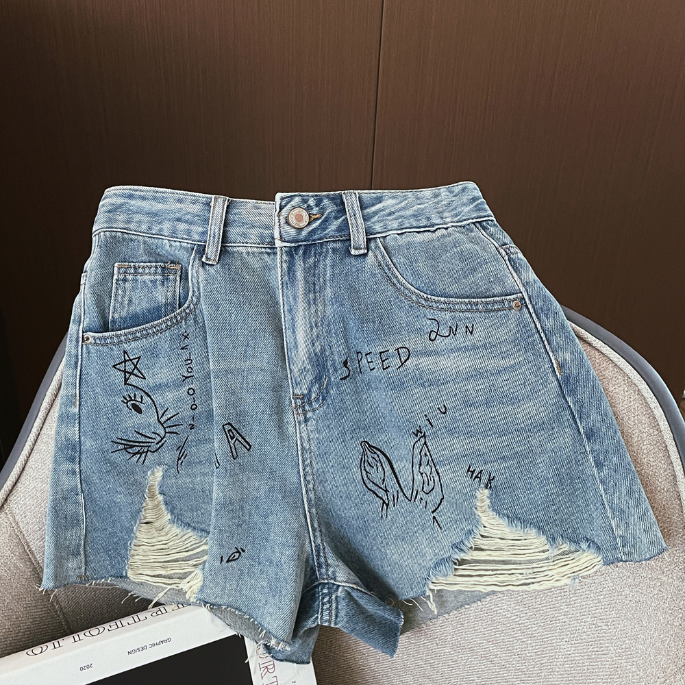 Korean version fun rabbit graffiti print with holes, rough edges, high waist straight tube, loose and slimming denim shorts for women, summer