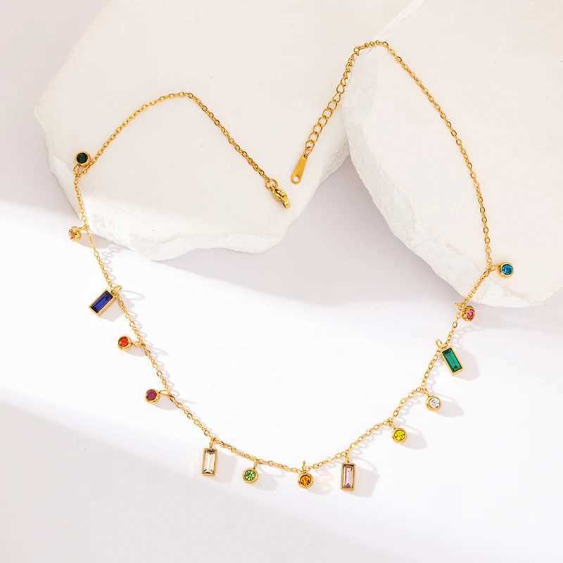 Pendant Necklaces EILIECK 316L Stainless Steel Geometric Colored Crystal Zirconia Pendant Necklace Womens Fashion Necklace Chain Jewelry Gifts J240712