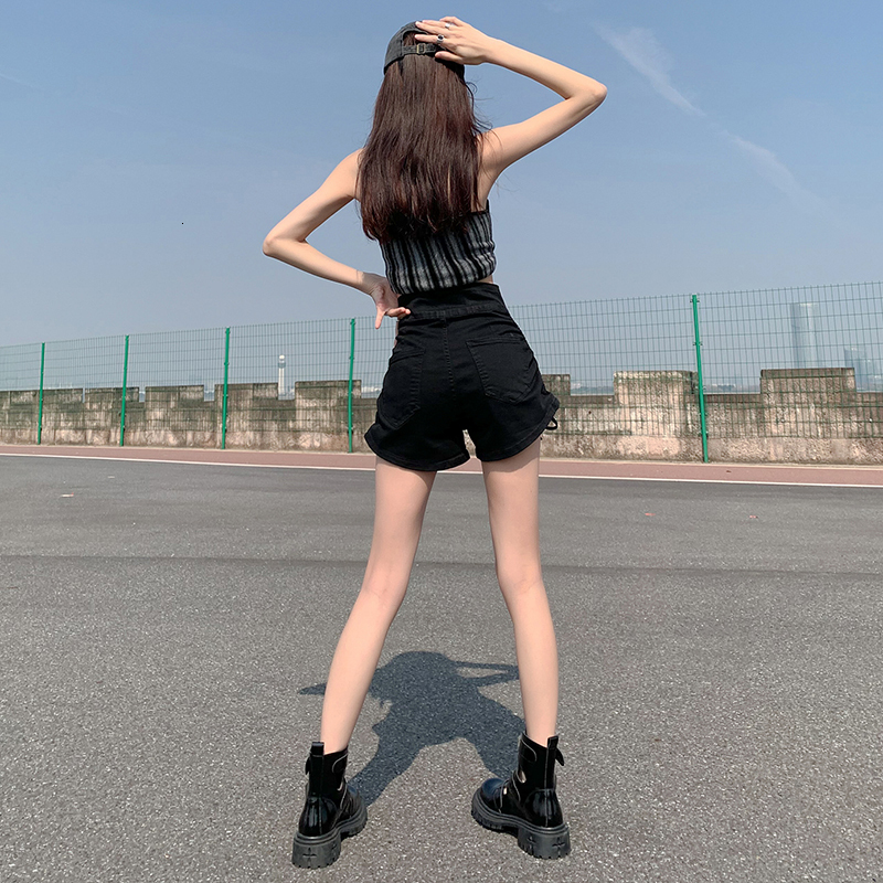 Black denim shorts for women in the summer of 2023, high waisted and slimming new style, niche design, tied rope, spicy girl hot pants