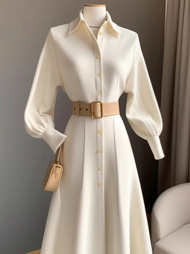 French long skirt Polo collar sleeved white dress for women in spring and autumn wedding dresses 240717