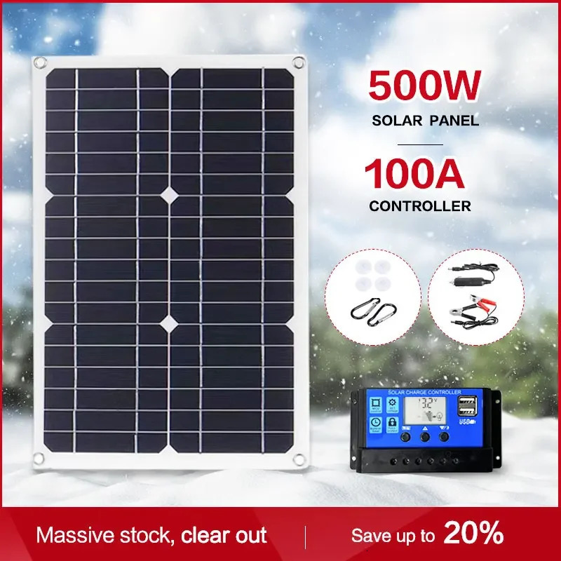 500W 12V Portable Solar Panel 18V Waterproof USB Port Power 5V Battery Charger Outdoor Camping Phone Bank 240711