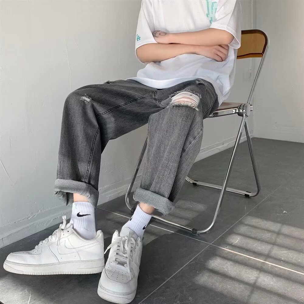 Nine point ripped jeans men's summer thin fashion brand straight tube loose casual high street trendy ins wide leg pants