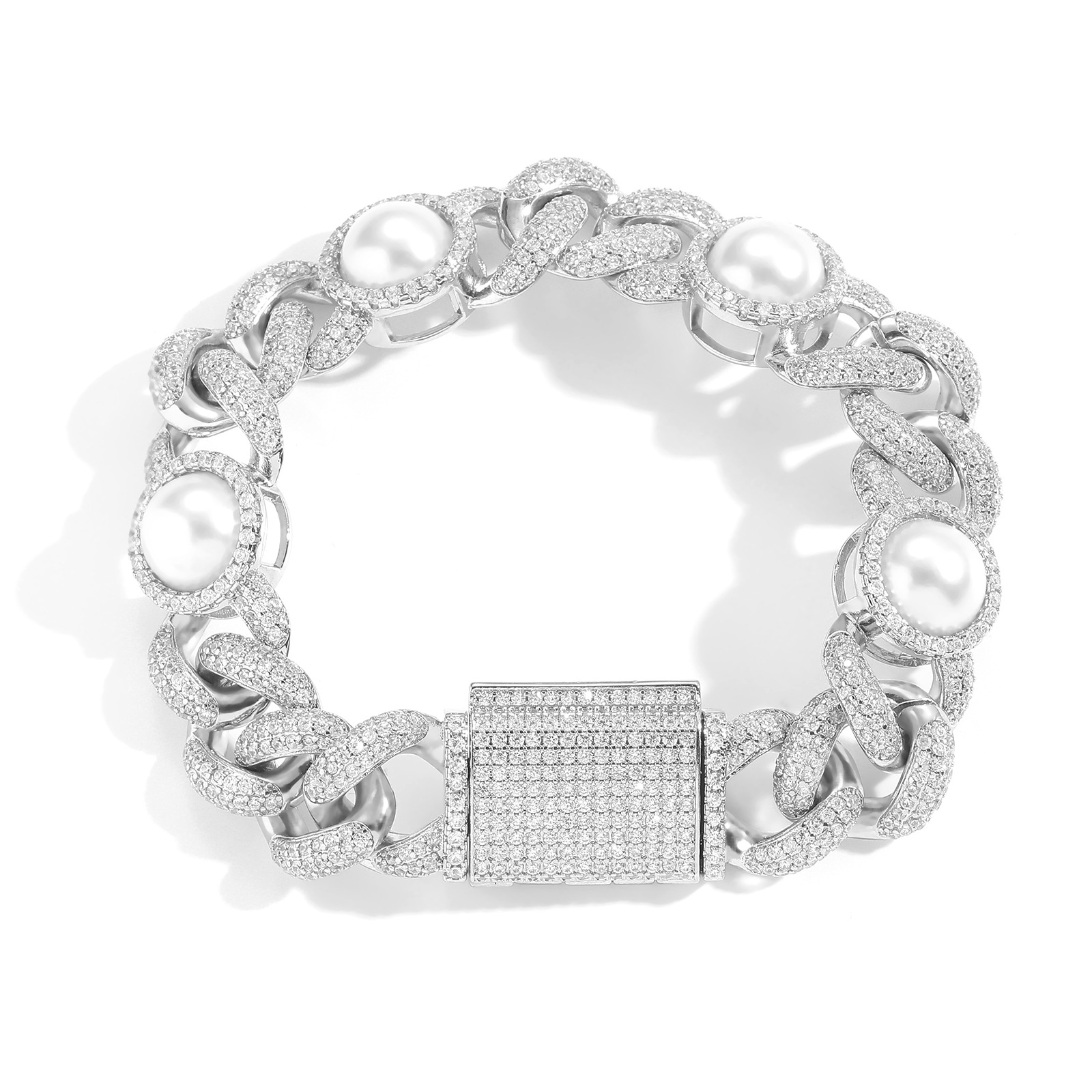 Hip Hop High Quality Pearl Cuban Chain Necklace Bracelet 5A Zircon 18k Gold Plated Jewelry Set