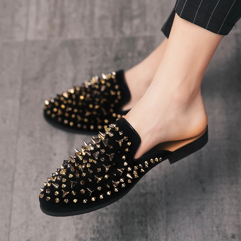 QUAOAR Summer Cool Slippers for Male Gold Black Loafers Men Half Slippers Anti-slip Men Casual Shoes Flats Slippers Mules 240718