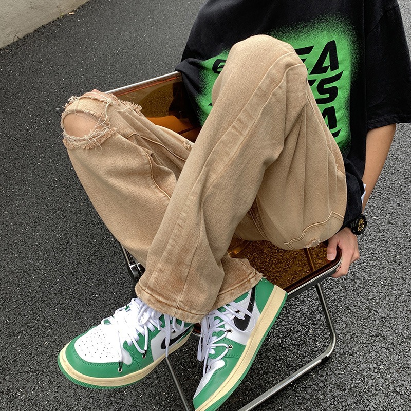 Washed brown jeans with holes, ins high men's fashion street pants, trendy brand loose straight leg pants