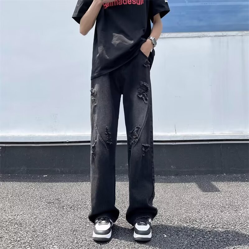 2024 Summer Fashion Micro La Gao Street Boys with Broken Holes Light Blue Versatile Jeans for Men and Women