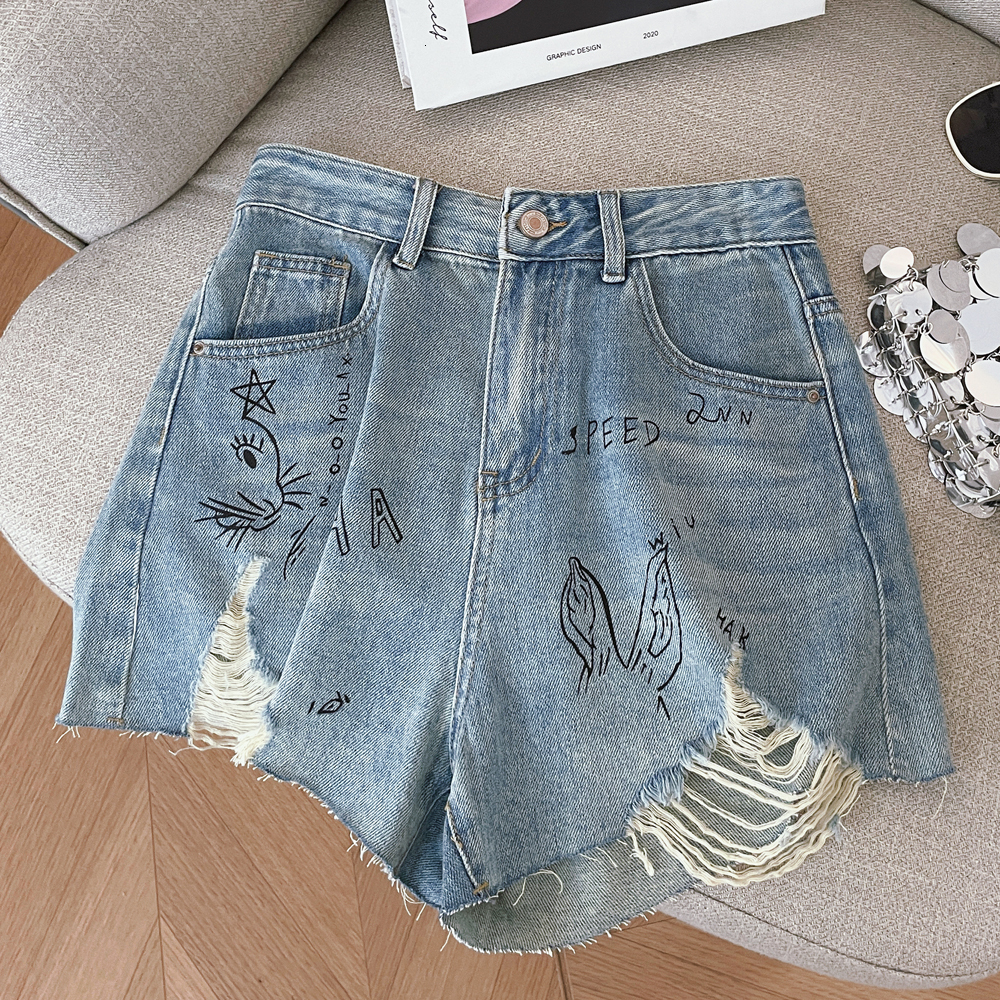 Korean version fun rabbit graffiti print with holes, rough edges, high waist straight tube, loose and slimming denim shorts for women, summer