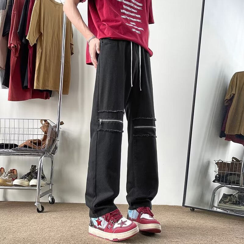 American style jeans with holes, ins high street knee zipper, Korean version spring and autumn straight leg pants, loose patch men's pants