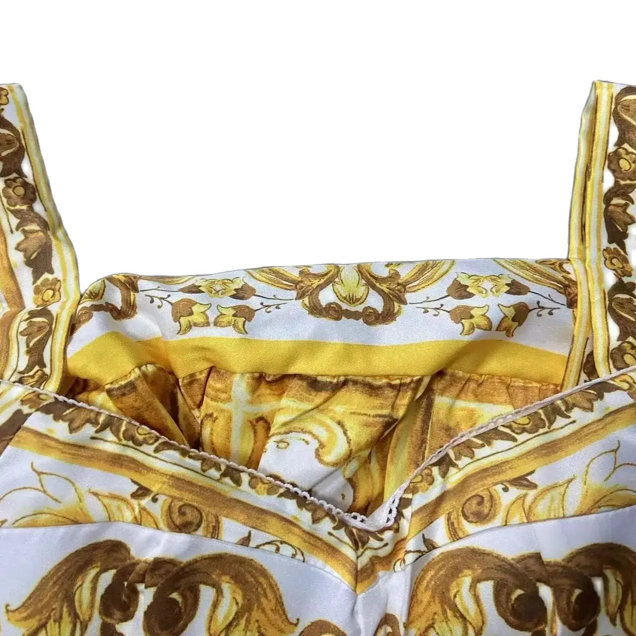 Runway Summer Holiday Maxi Dress Womens Spaghetti Strap V Neck Yellow Blue And White Porcelain Print Vacation Long Vestidos 240712