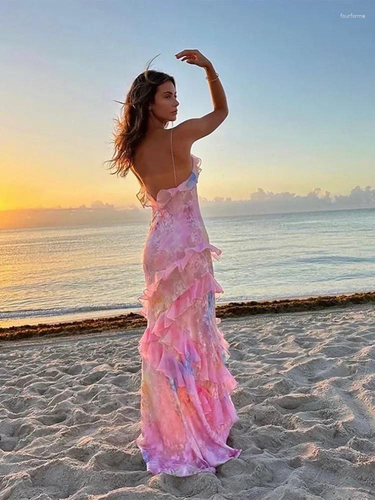 Casual Dresses designer dress Pink Chiffon Ruffle Sg Maxi Dress Tierred Women Chic Sweet Sleeveless V Neck Holiday Robe Spring Lady Beach Vestidos