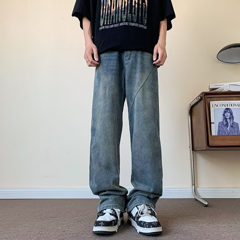 Summer New American High Street Jeans for Men, Vibe Design, Zipper, Micro Pull, Loose, Straight, Rascal, Handsome Long Pants