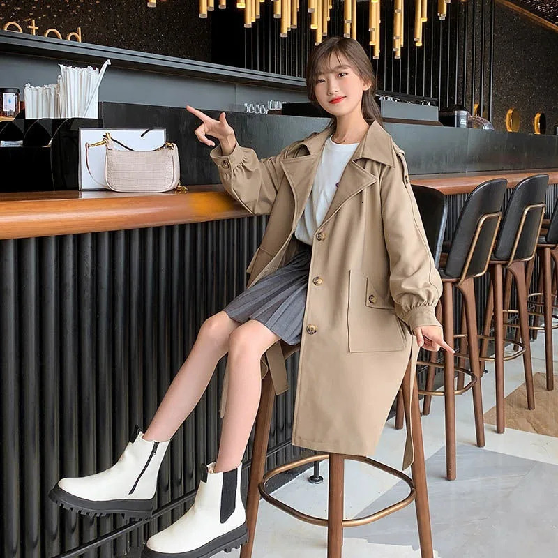Spring Autumn Cotton Kids Girls Long Trench Coats Fashion England Style Windbreaker Jacket For Girls Teen Children Clothing 240710