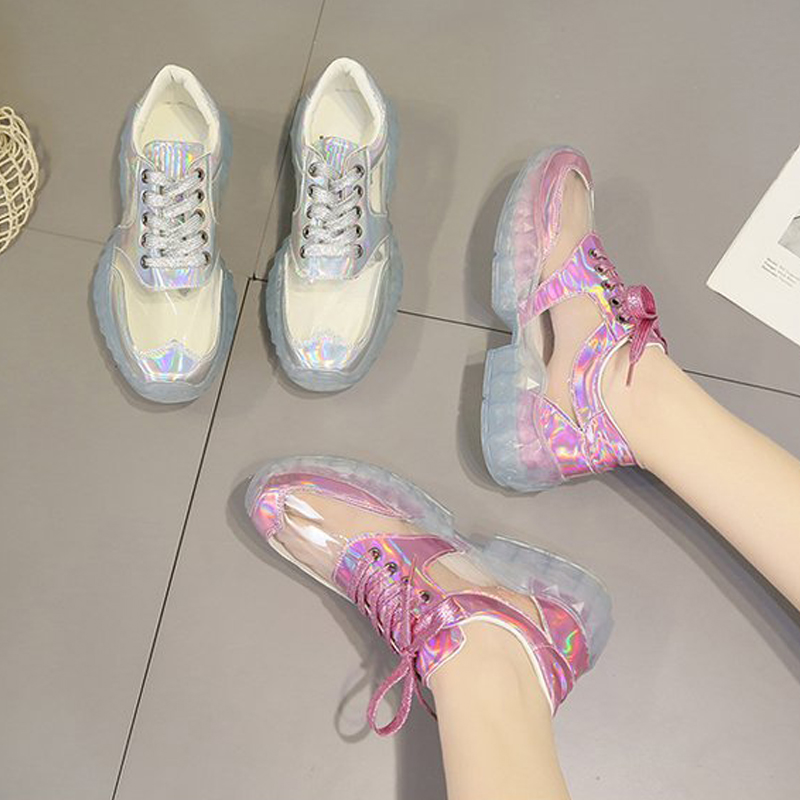 HBP Transparent Glitter Crystal Sole Flat Casual Shoes Cross Tied Women's Shoes Low Help Front Tie Color Blocking Ping He Round Head Sports Style