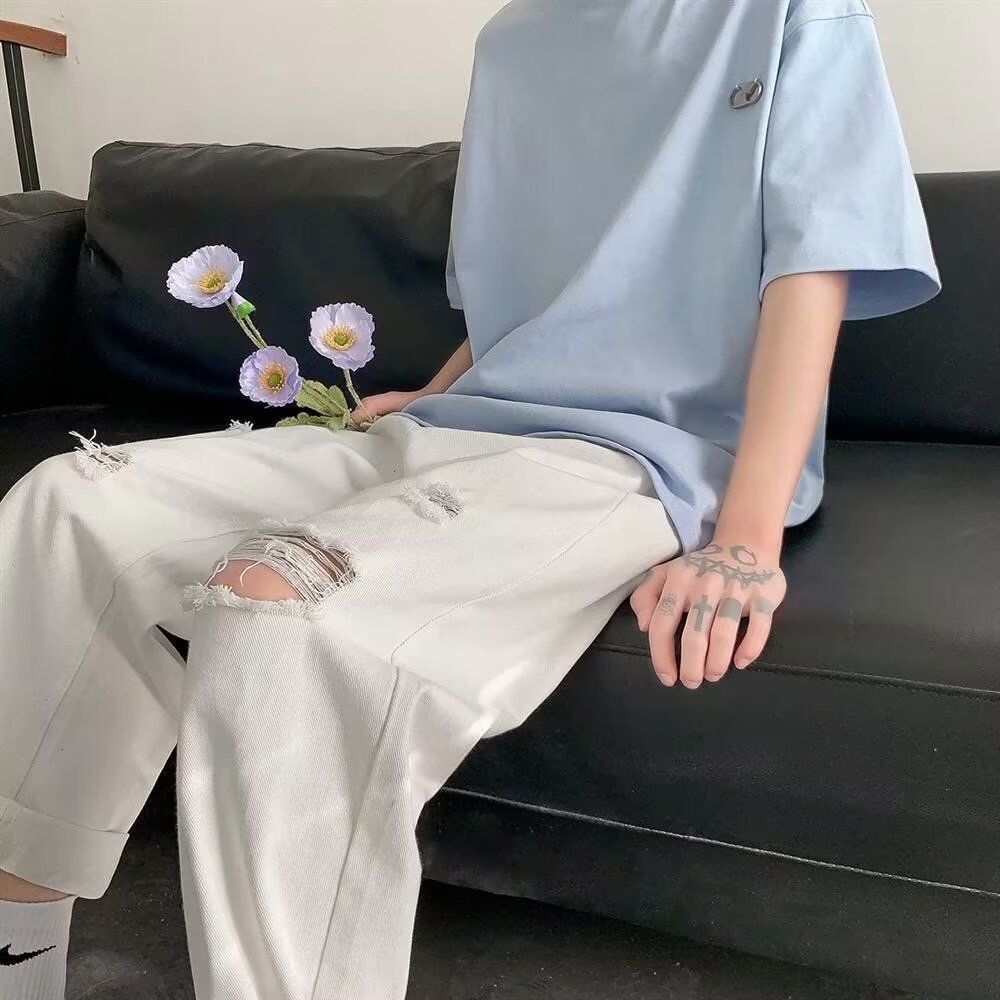 Nine point ripped jeans men's summer thin fashion brand straight tube loose casual high street trendy ins wide leg pants