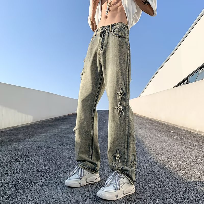 Yellow mud denim jeans straight oversize men's summer trendy brand ruffian handsome micro flared wide leg pants