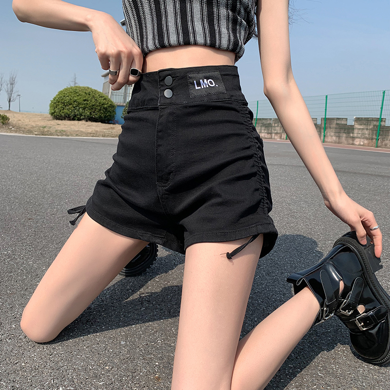 Black denim shorts for women in the summer of 2023, high waisted and slimming new style, niche design, tied rope, spicy girl hot pants