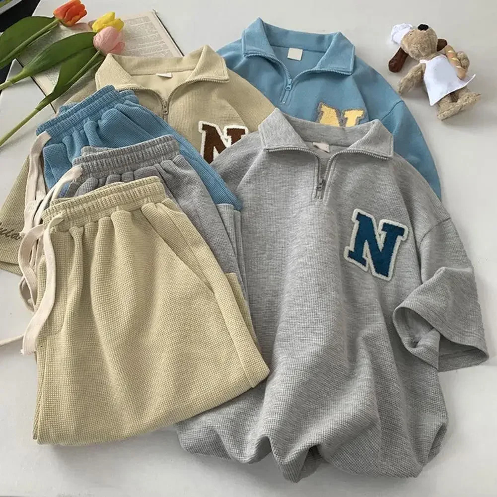 Waffle Sports Suit Unisex Summer Men Loose Short Sleeve T-shirt Shorts Jogger Outfit Two-piece Set Letter Print Casual Tracksuit 240715