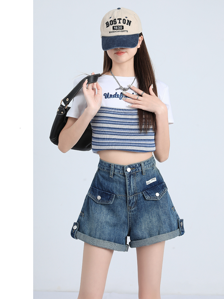 Blue denim shorts for women 2023 summer new versatile fake pocket A-line pants, high waist slimming fashion rolled edge pants