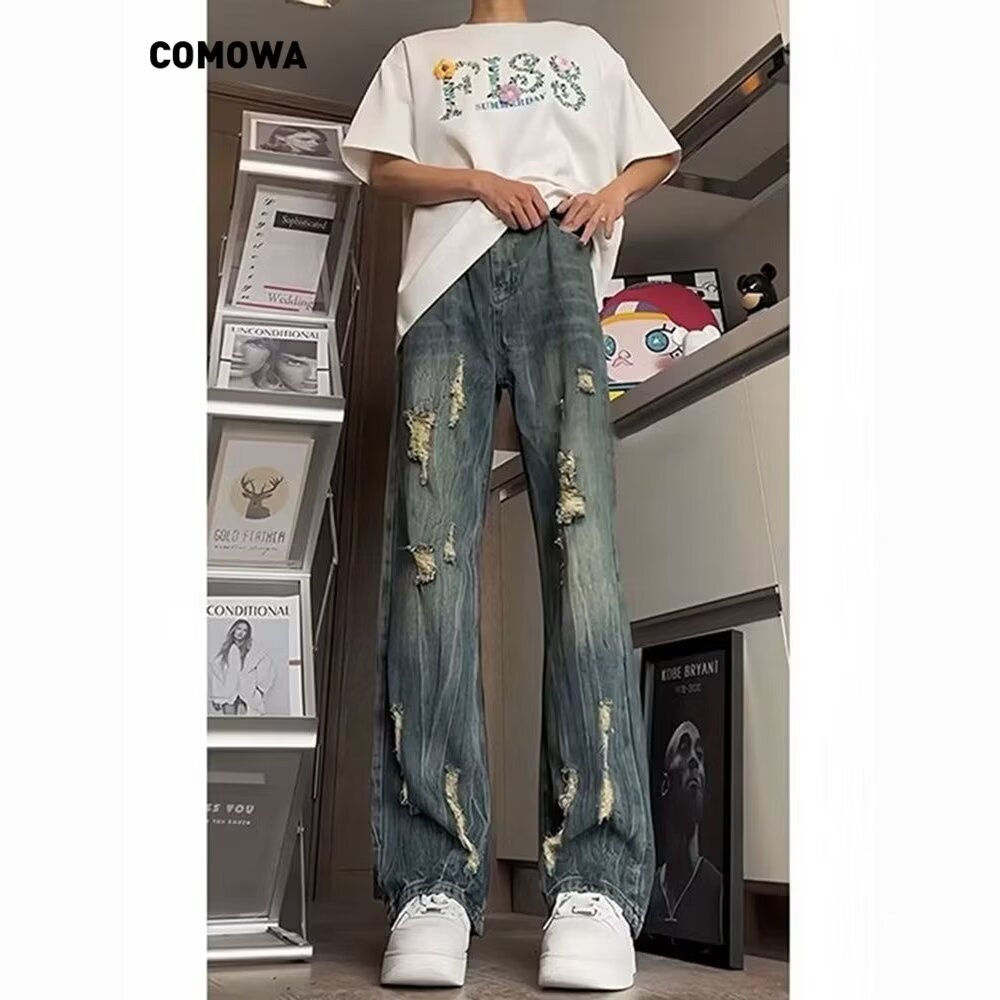 American style distressed beggar ripped jeans men's thin long washed loose straight leg micro flared pants