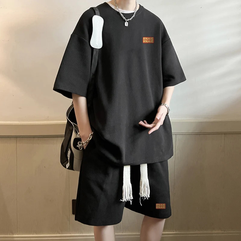 Men Short Sleeve T Shirt Shorts 2 Pcs Sets Breathable Men Tracksuits Oversized T-shirts Suits solid color print Male Clothing 240715