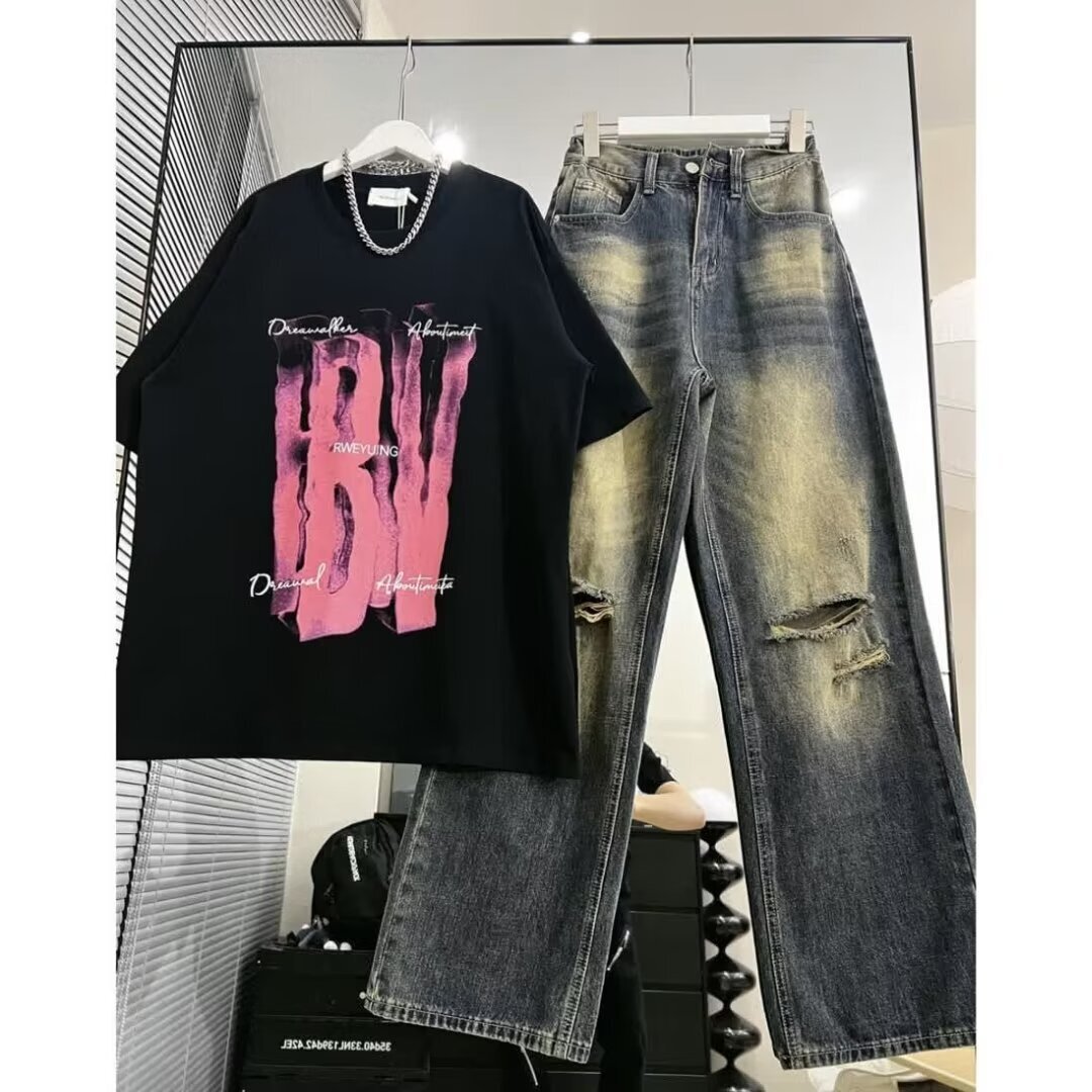 Broken hole jeans men's thin American high street design sense niche vintage washed loose straight leg long pants