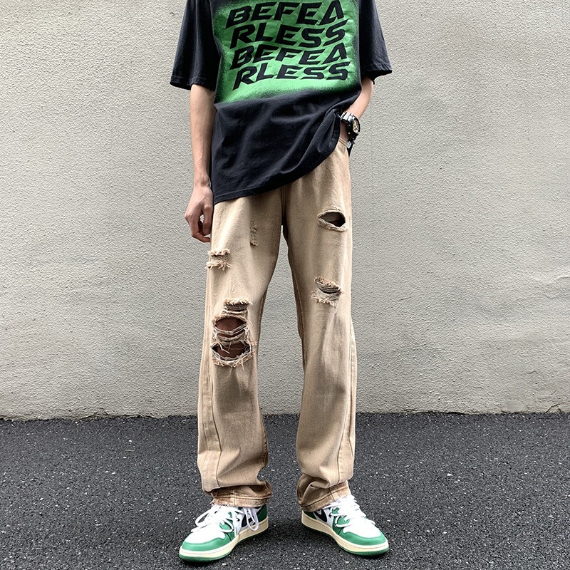 Washed brown jeans with holes, ins high men's fashion street pants, trendy brand loose straight leg pants