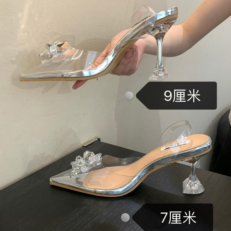 HBP Transparent Pvc Sandals Crystal Pointed Transparent Thin Heel Sandals External Water Diamond Flower High Heeled Sandals Women Shoes High Quality