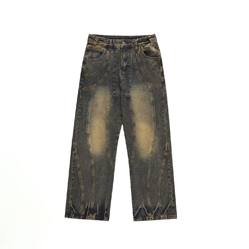 High street straight tube deconstruction, old color jeans for men women, slim and tall, wide legs, slightly flared pants