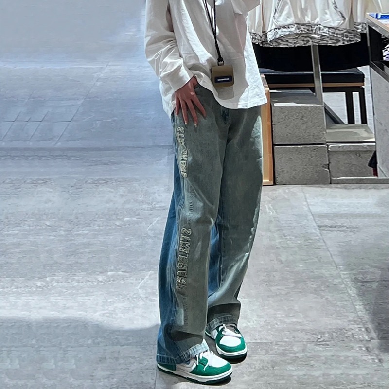 Color blocked jeans summer loose letter sticker washed straight leg American Vibe pants high street thin