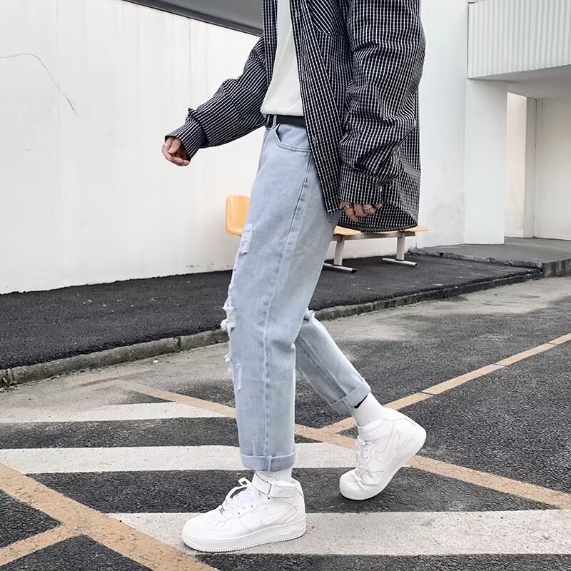 Ripped jeans men's spring trendy brand loose straight leg beggar American explosive street hooligan handsome pants
