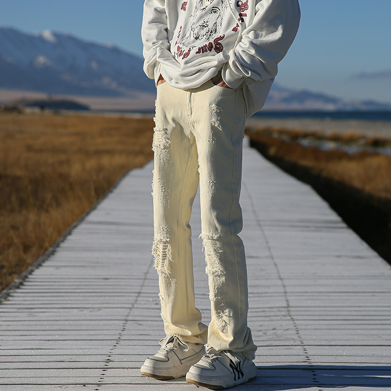 Vintage fringed fake ripped jeans men's ins trendy high street Vibe straight leg slightly flared white pants