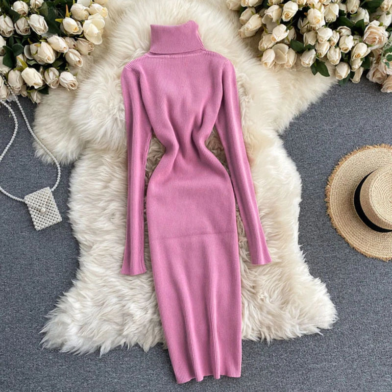 Dresses for Women Sexy Turtleneck Knitted Bodycon Dres Autumn Winter Long Sleeve Sweater Dress 240717