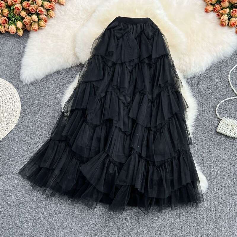 Fashionable Mesh Puffy Cake Medium Length Elastic and Elegant Irregular Gauze Fairy Skirt, Summer Temperament Self-cultivation Waist Lace Dress