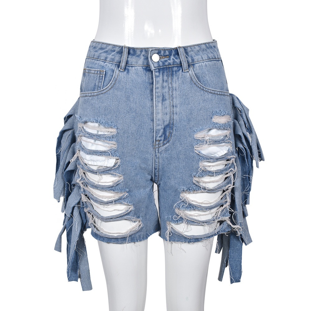 2023 Women's fashion high waist ripped jeans tassel denim shorts