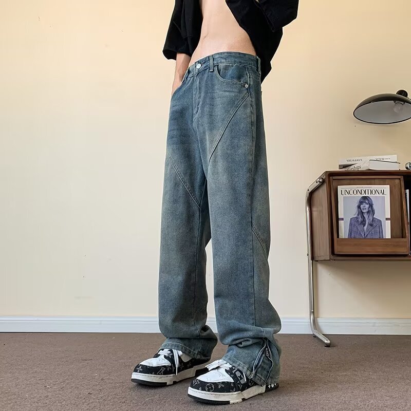 Summer New American High Street Jeans for Men, Vibe Design, Zipper, Micro Pull, Loose, Straight, Rascal, Handsome Long Pants