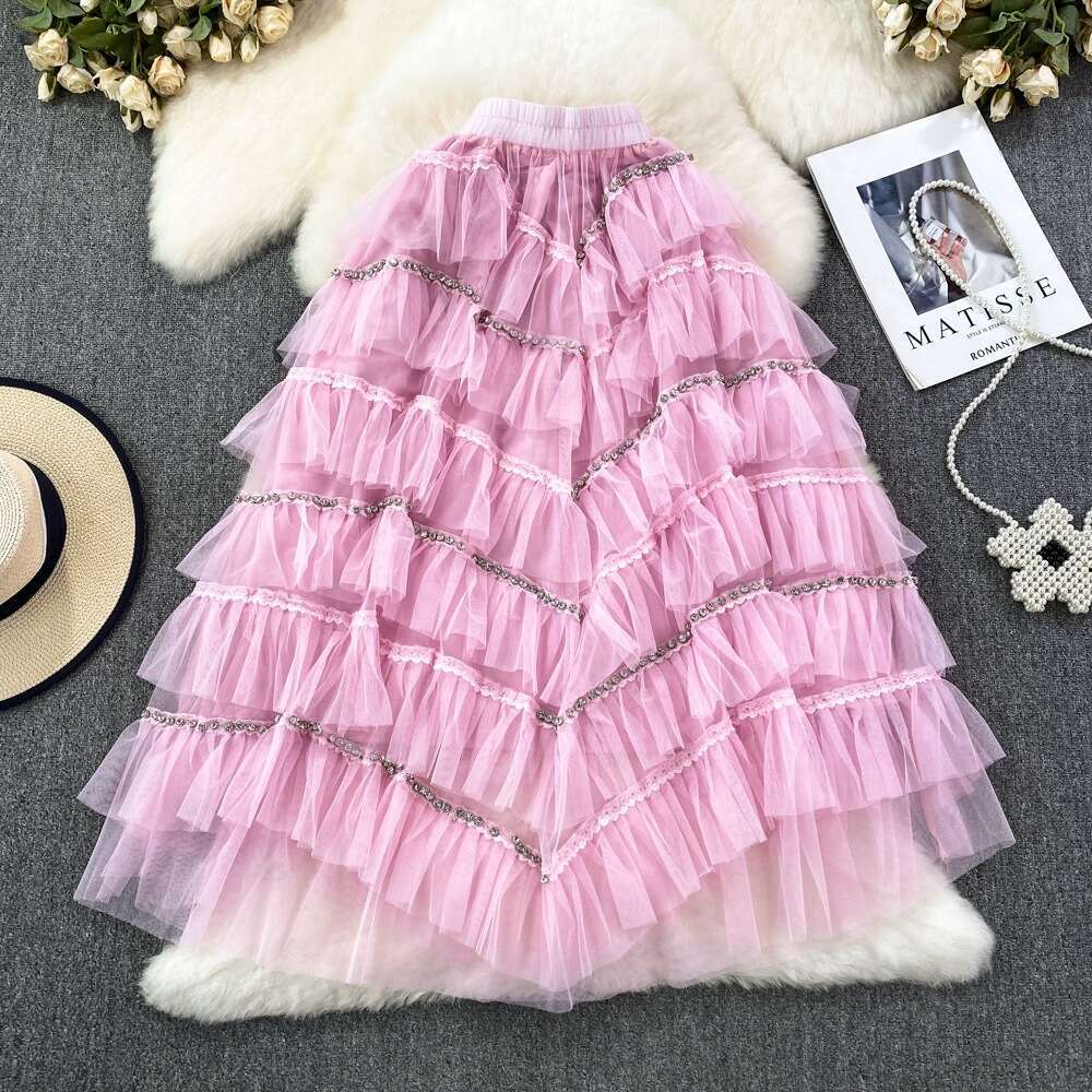 Fairy Mesh Womens Elastic Waist Slim A-line Diamond Embedding Skirt Long Over Knee Fluffy Cake Dress Summer Short Sexy Pregnant Womens Dress Round Nec