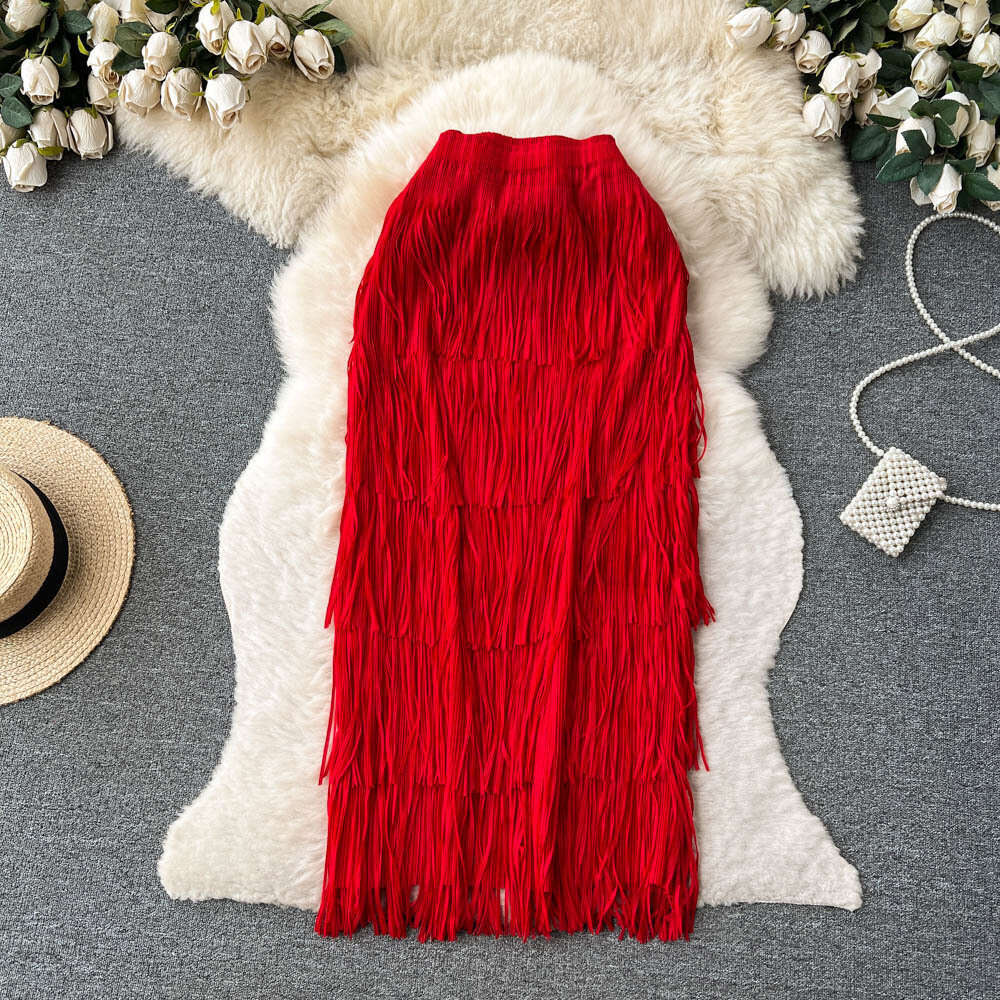 Summer New Pleated Red Tassel Niche Design, High-end Cake with A Slim Waist and Buttocks Wrapped Skirt Sexy Self-cultivation Novelty Denim Dress Overs