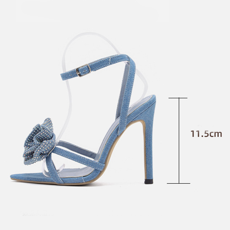 HBP Non-Brand Shoes New Rhinestone Rose Blossom Elegant Designer Womens Sexy Pointed Party High Heels Denim Sandals Water Diamond Stiletto Heels Sanda