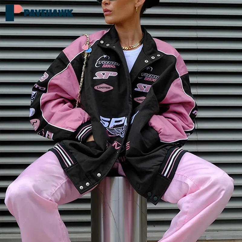 Harajuku Racing Jacket Man Women Oversized Y2k Vintage Printed Pattern Motorcycle Jackets High Street Patchwork Bomber Outwear 240716