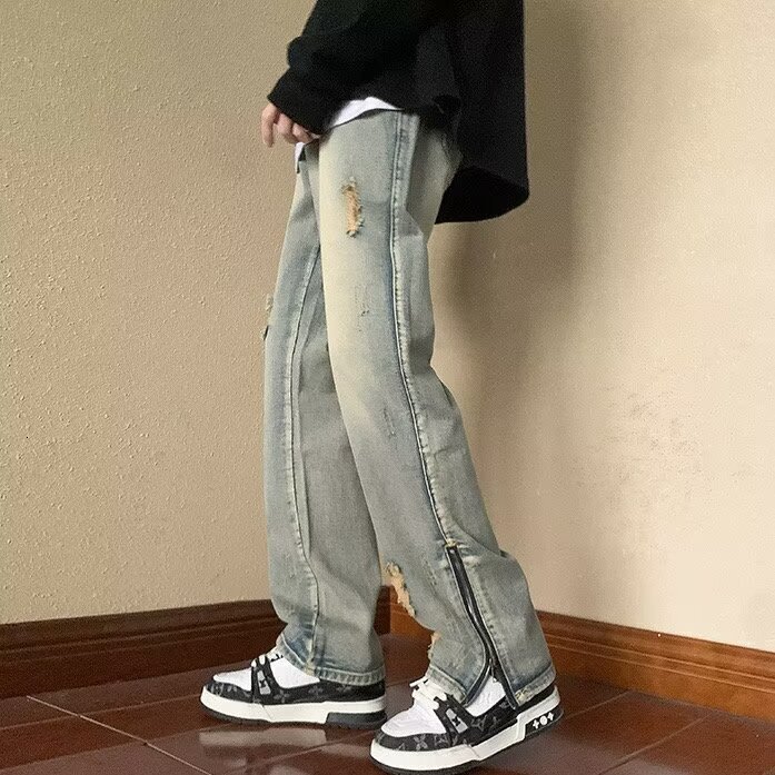 American high street ripped jeans men's summer thin, loose straight leg trendy brand split zipper pants