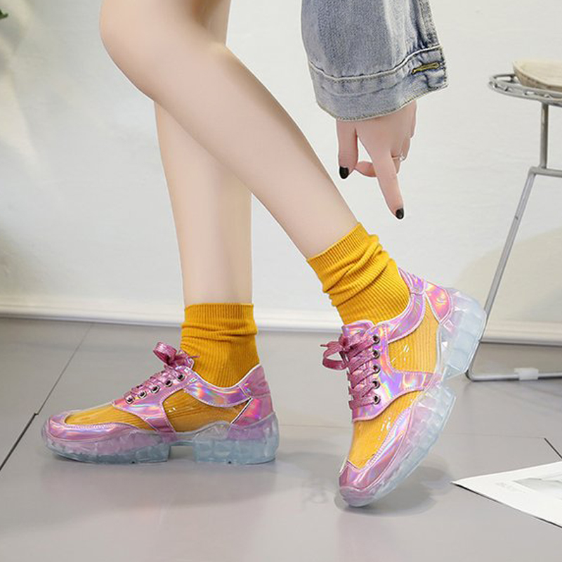 HBP Transparent Glitter Crystal Sole Flat Casual Shoes Cross Tied Women's Shoes Low Help Front Tie Color Blocking Ping He Round Head Sports Style