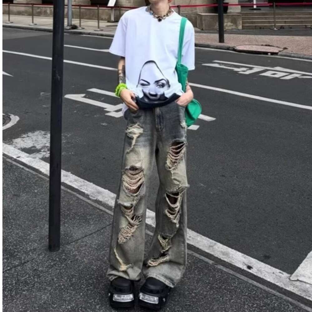American washed pants, high street ripped jeans, men's straight leg loose and high-end beggar pants